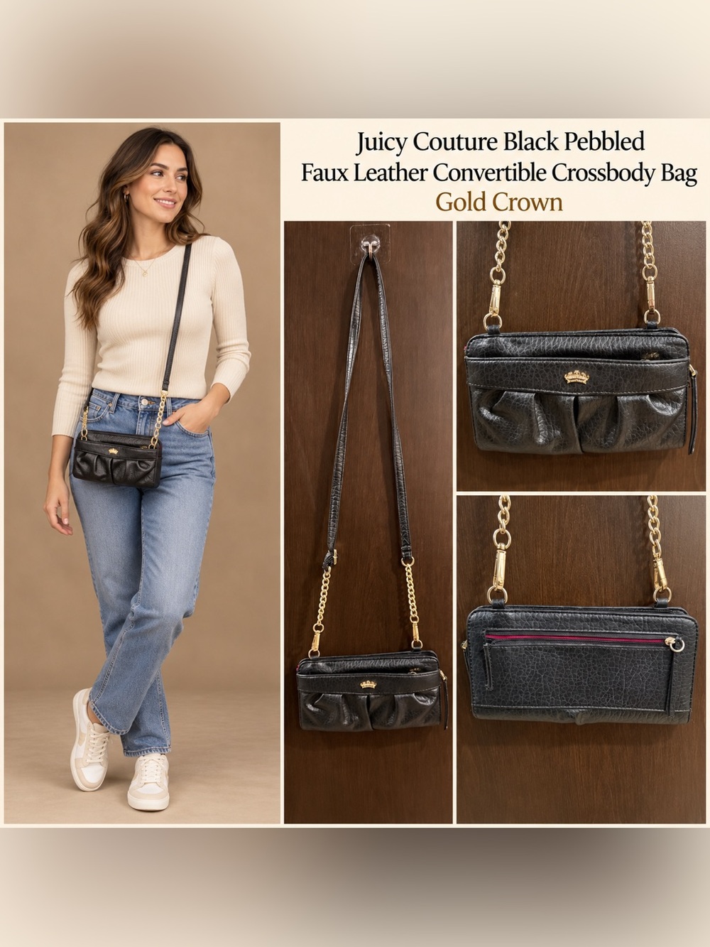 Juicy Couture Black Faux Leather Crossbody with Gold Crown Accent
